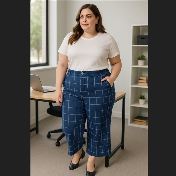 J. Jill Pants - J. Jill Cropped Wide Leg Pants 18P PETITE Blue High Rise Windowpane Check Knit